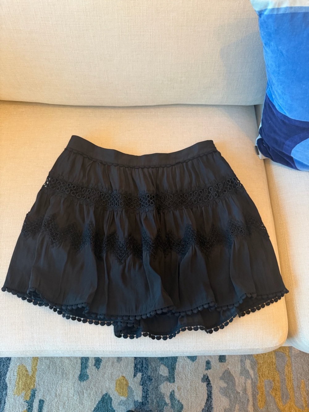 Ramy Brook Black Tiered Crochet Pom-Pom Mini Skirt